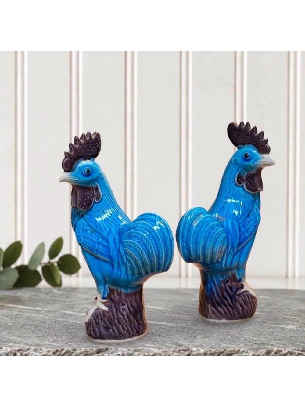 Vintage Turquoise Rooster Figurine Pair MTC Taiwan | Aubergine Glazed Chinoiseri - Picture 3 of 12